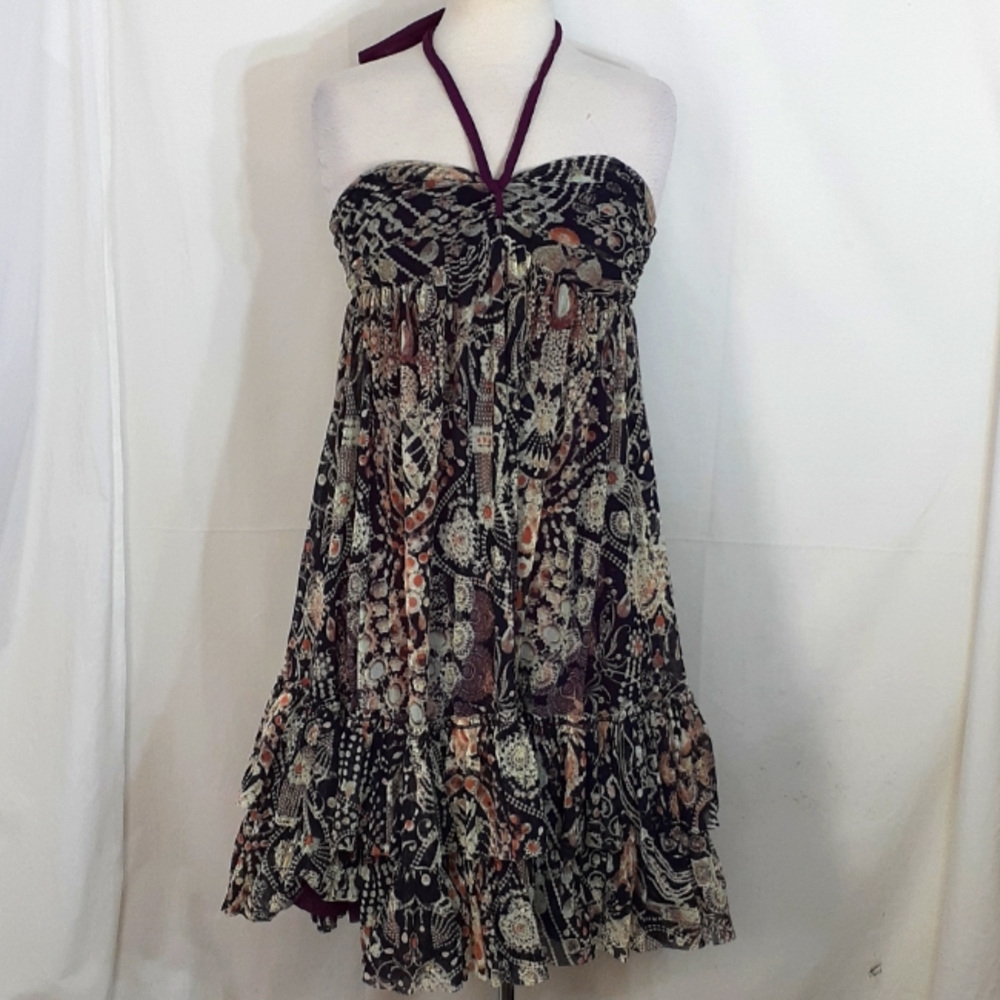 Jean Paul Gaultier brocade navy blue purple orange green and cream strapless